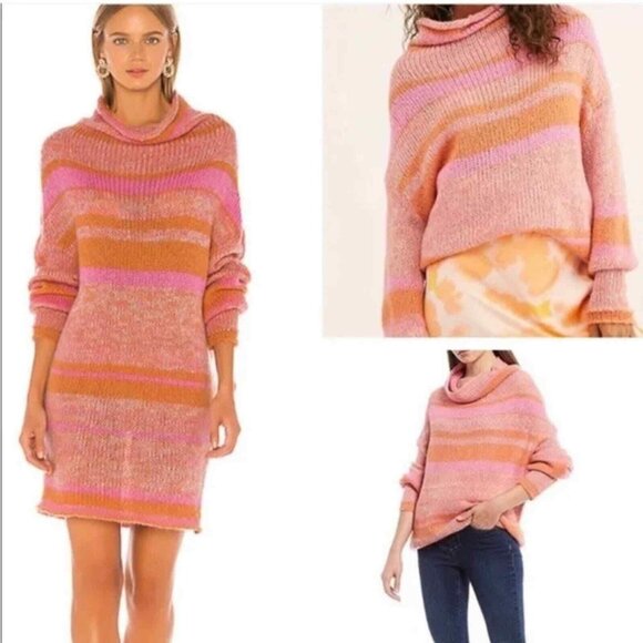 Free People Oversized Wool Blend Striped Tunic Sweater Pink Orange Size XS Boho - Picture 2 of 8